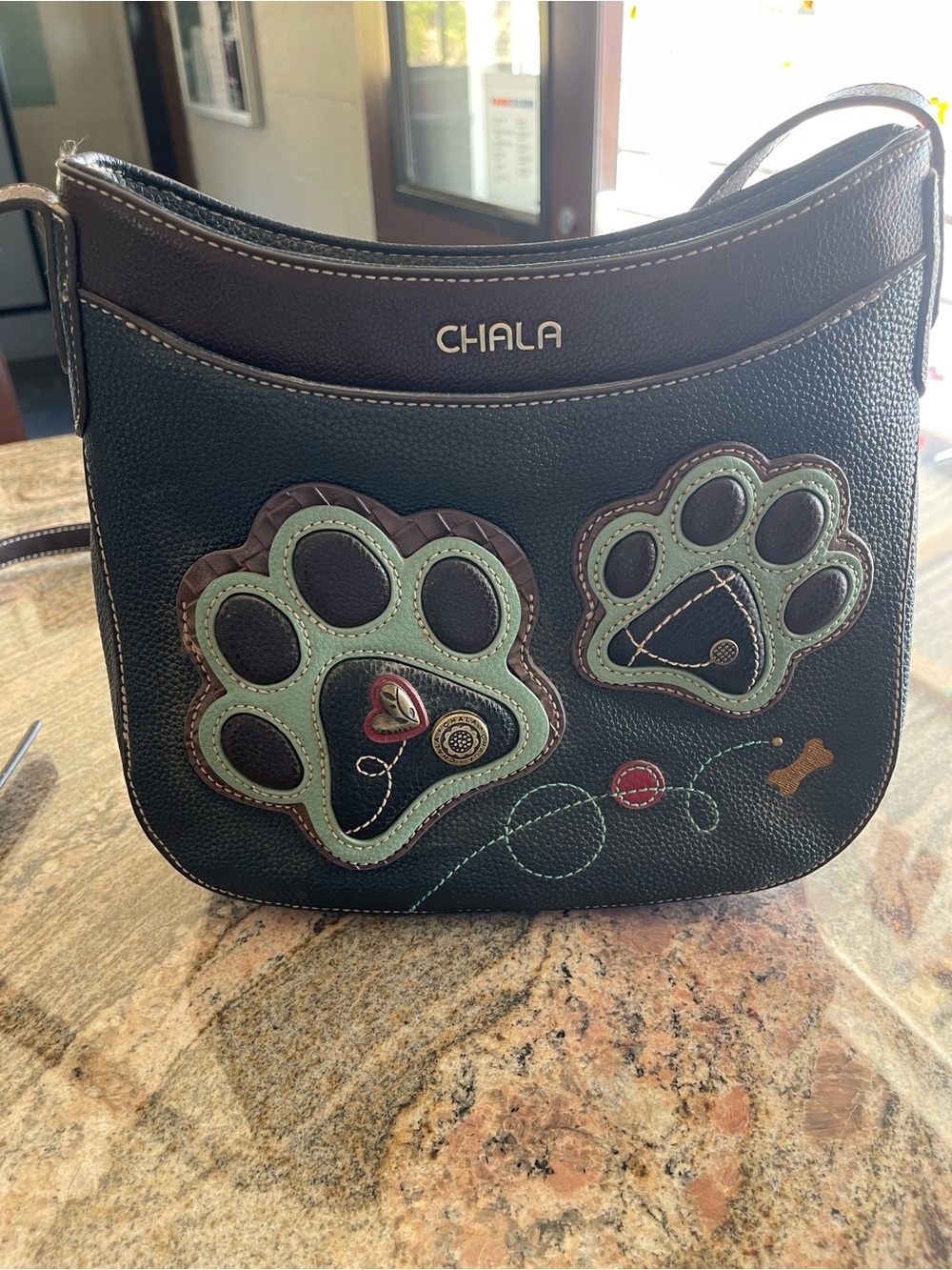 Chala Black Crossbody Bag with Mint Paw Appliqués